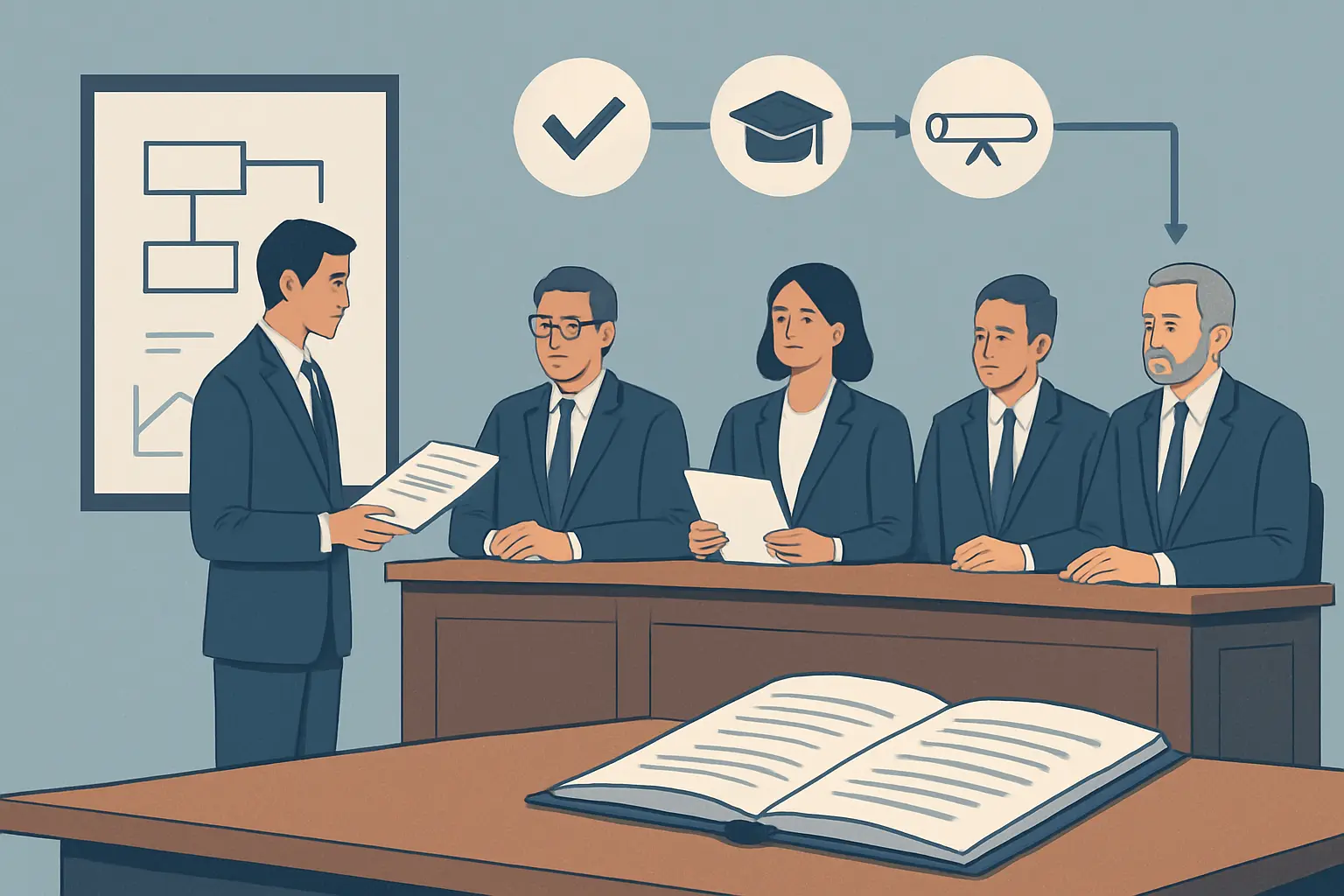석사 학위논문 심사 과정 — 예심(1차 심사)과 본심(최종 심사) 단계, 심사위원 3인 이상 구성, 2/3 찬성 합격 기준 일러스트