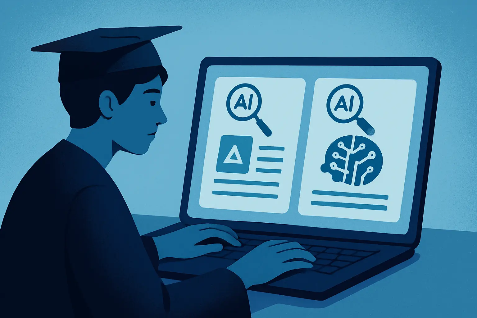 노트북 화면에 두 개의 AI 검색 결과를 나란히 띄워 비교하는 대학원생