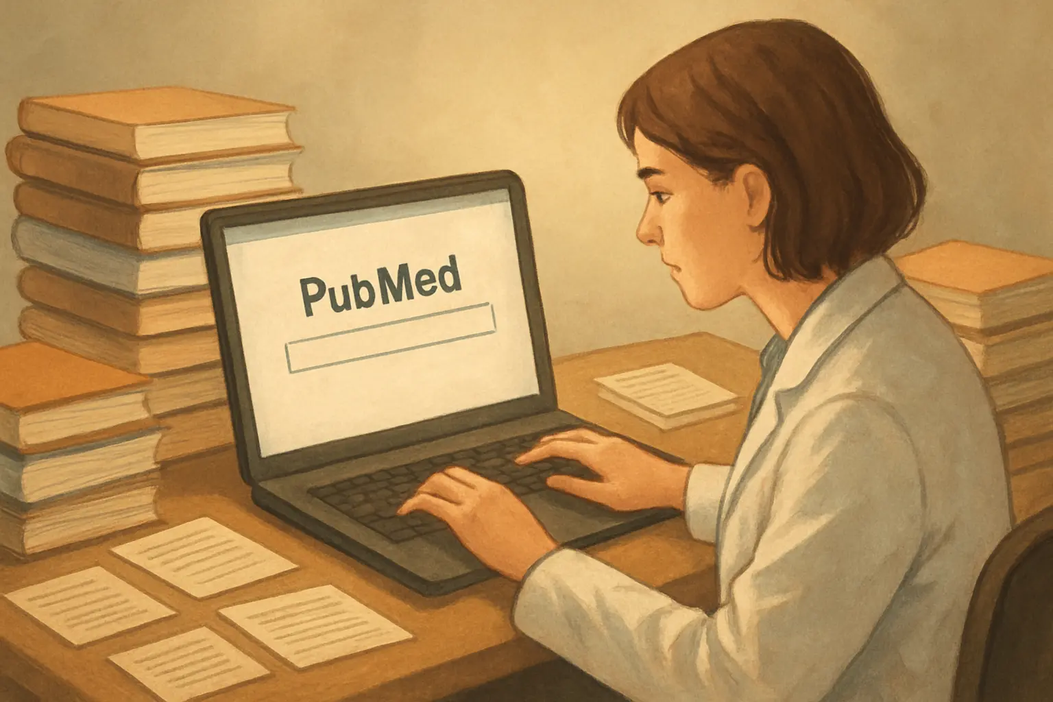 노트북으로 PubMed를 검색하는 연구자와 쌓여있는 의학 저널들