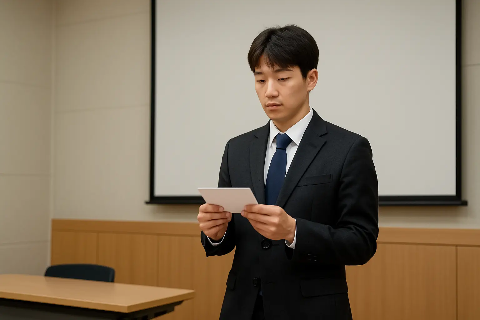 논문 발표 대본을 들고 리허설하는 대학원생