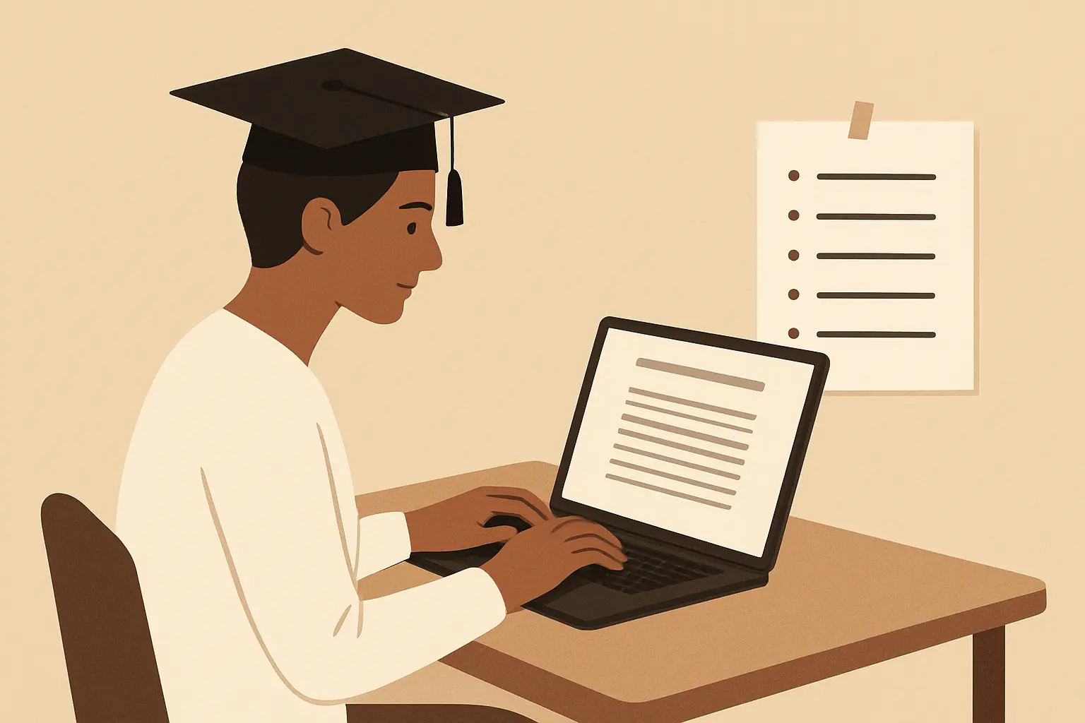 대학원생이 노트북 앞에서 논문 초안과 AI 프롬프트 목록을 검토하는 모습