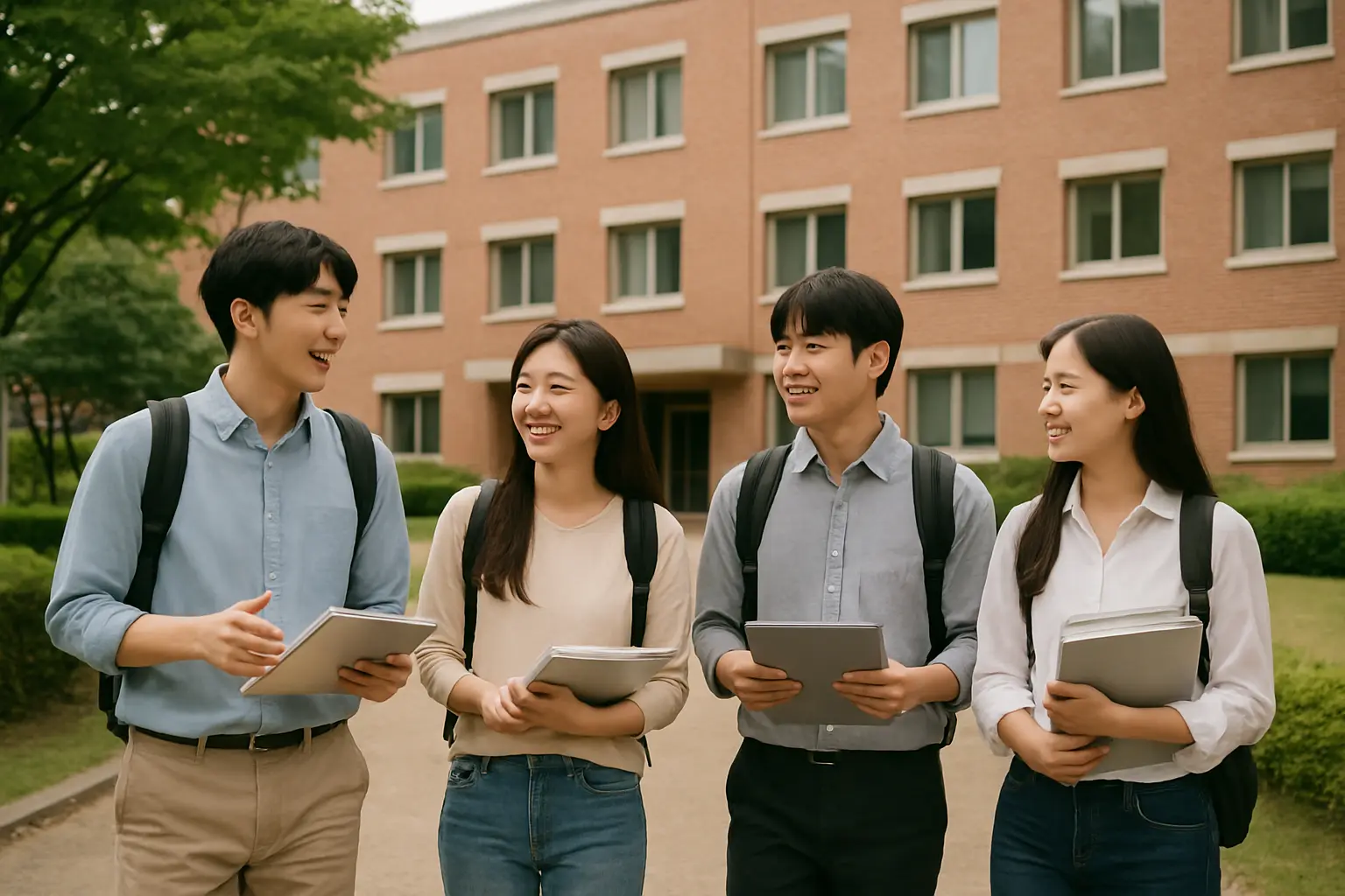 과학기술원 기숙사 앞에서 서류를 들고 대화하는 대학원 신입생들