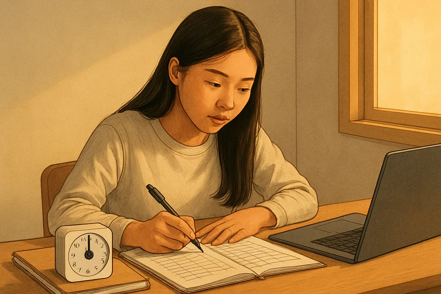 책상에서 노트북과 타이머를 두고 레포트 작성 일정을 계획하는 대학생