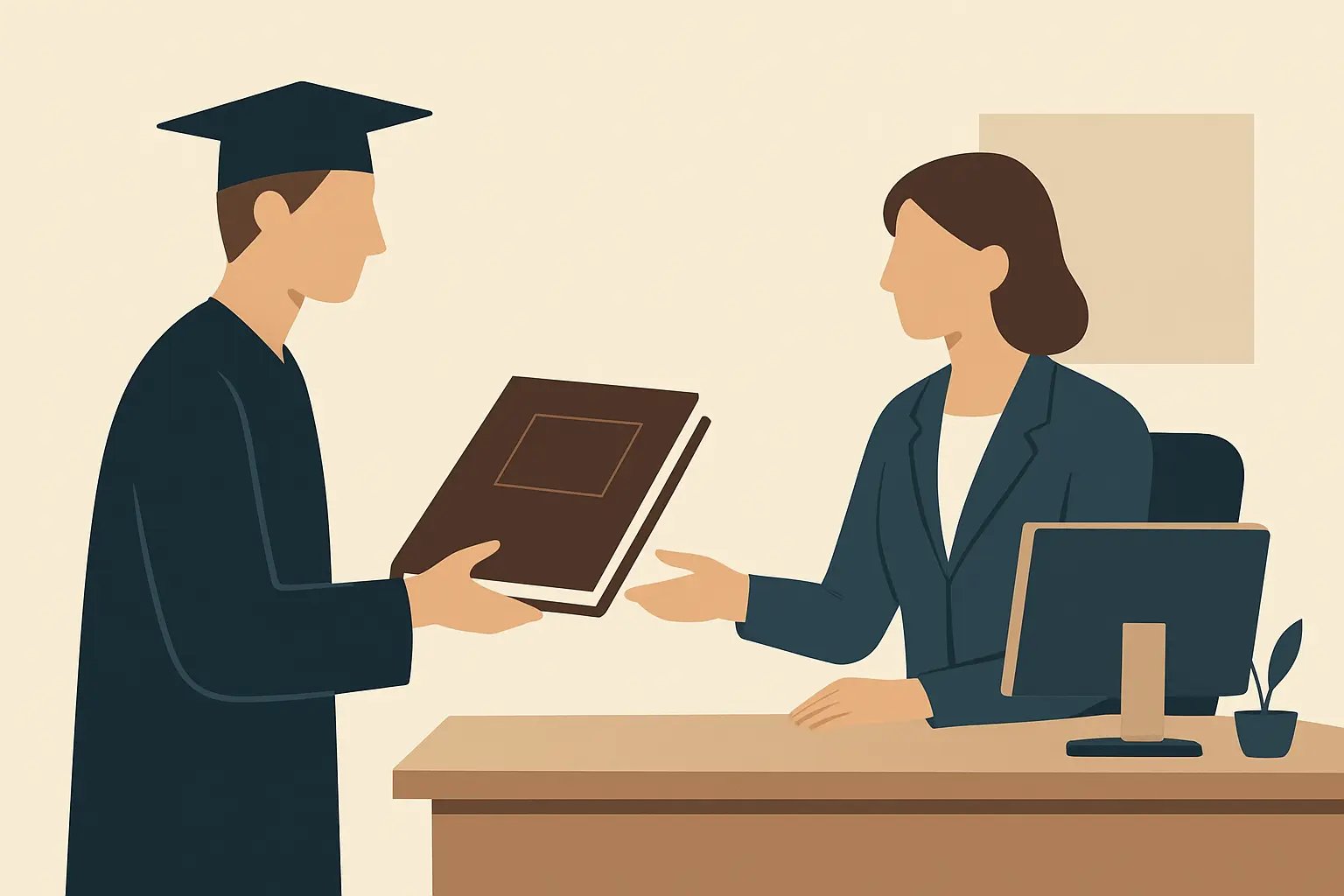 대학원 행정실에 최종 논문 제본본을 제출하는 대학원생의 모습 일러스트