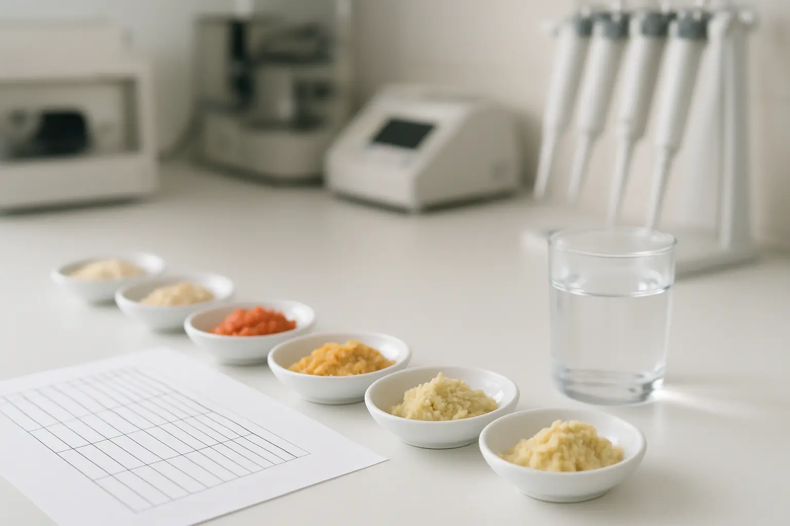 관능평가용 시료 접시와 이화학 분석 장비가 놓인 식품 실험실 작업대