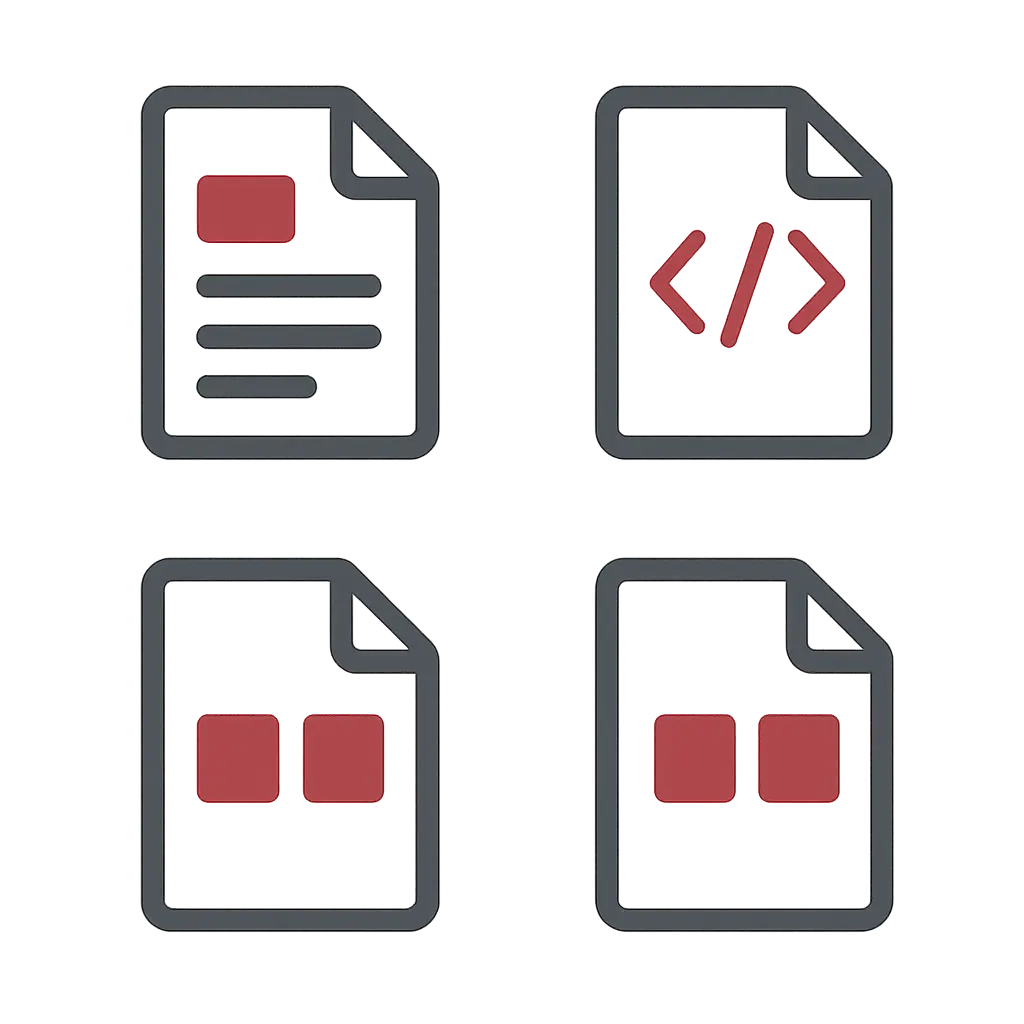 한국어 HWP, 한국어 MS Word, 영문 MS Word, 한국어-영문 LaTeX 등 공식 템플릿 종류를 상징하는 아이콘